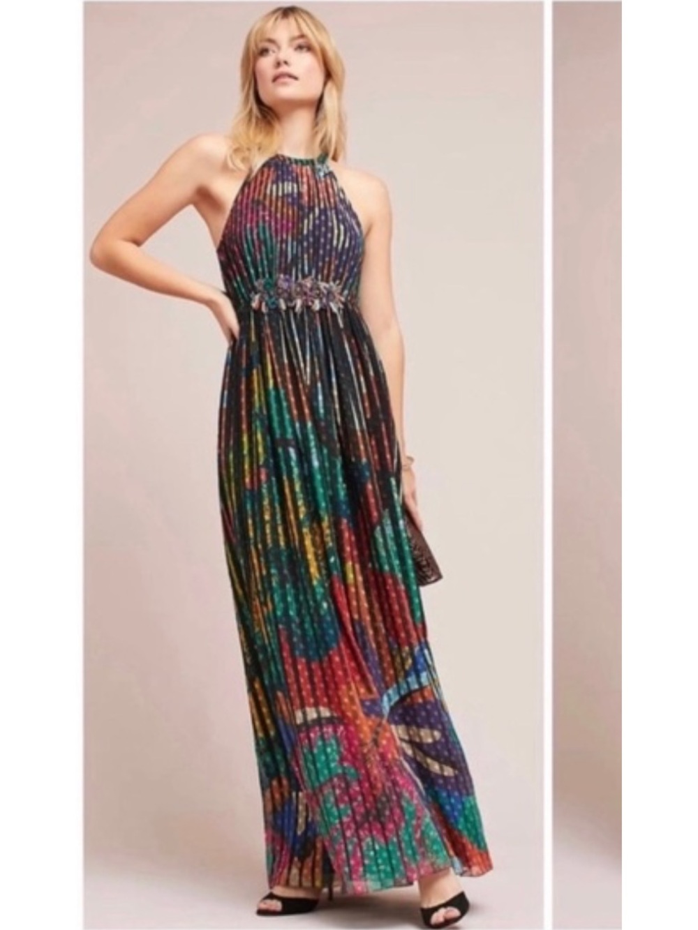Anthropologie Multicolor Halter Pleated Maxi Dress with Embellished Waistband